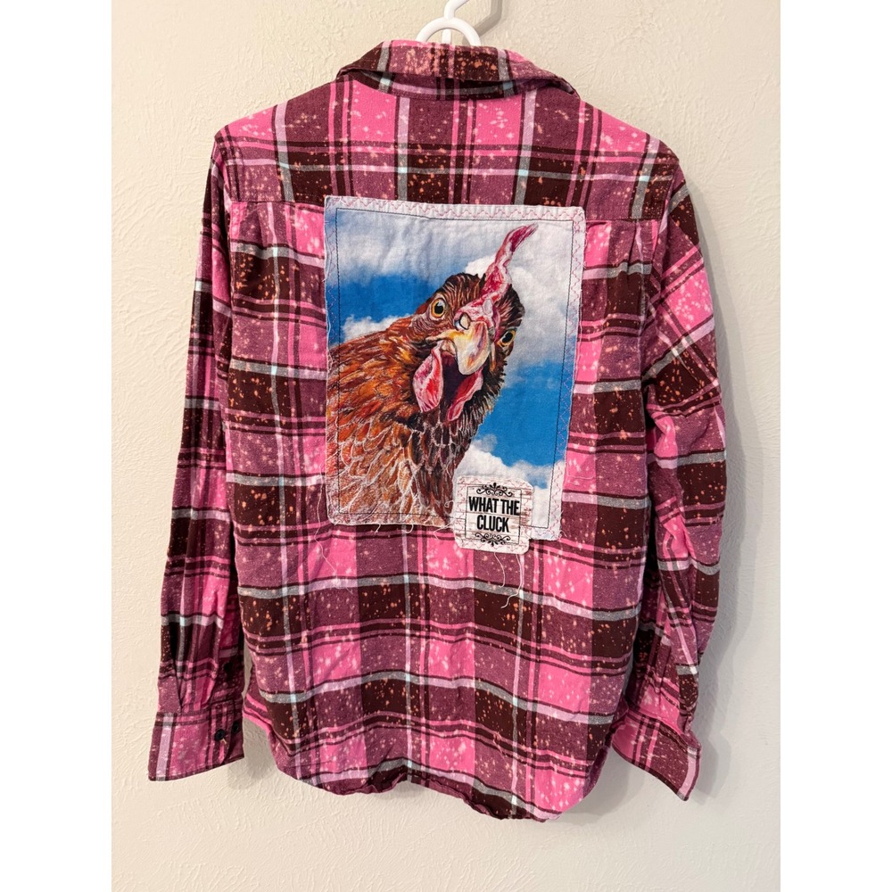 Angry Minnow Flannel Co What The Cluck Chicken Bleached Pink Plaid Shirt Medium